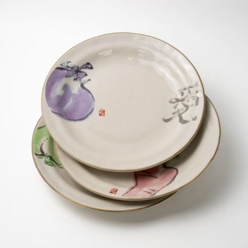 [3p set] Japanese vegetable pattern round plate Korean large plate